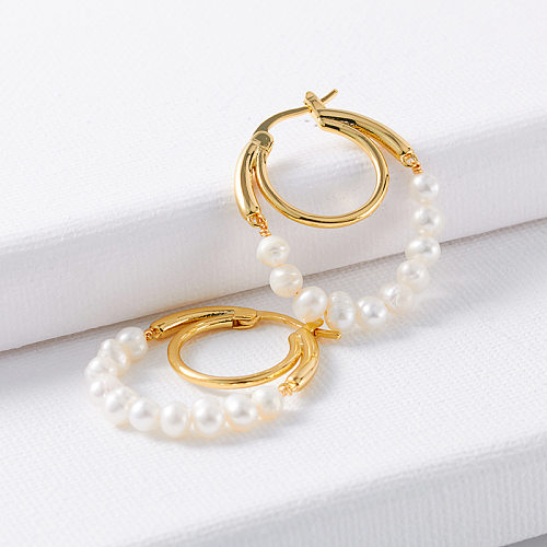 1 Paar runde Retro-Ohrringe mit künstlichen Perlen und Kupferbeschichtung