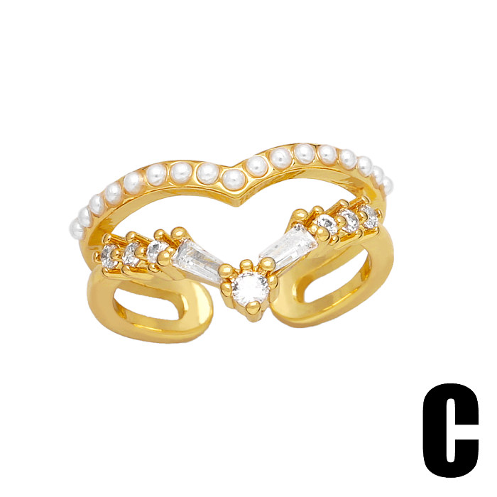 Pentagramme brillant en forme de cœur, Style Simple, incrustation de cuivre, anneaux ouverts plaqués or 18 carats en Zircon