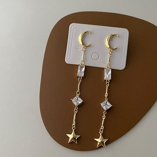 1 paire de boucles d'oreilles pendantes en cuivre et Zircon, Style Simple, étoile, lune, pampilles, incrustation de placage
