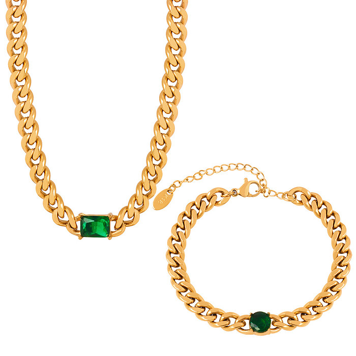 Retro-luxuriöse Damen-Armband-Halskette mit geometrischer Titan-Stahlbeschichtung, Inlay-Zirkon, 18 Karat vergoldet