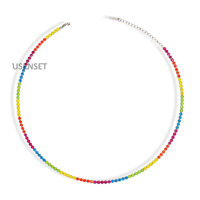 Punk coloré losange acier inoxydable placage incrustation Zircon Bracelets collier 1 pièce