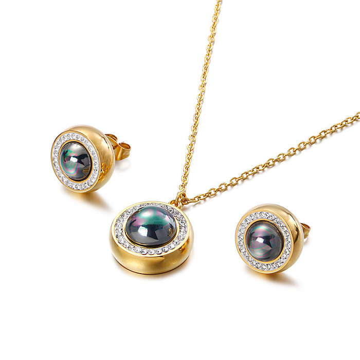 Simple Fashion Golden Pearl Pendant Diamonds Earrings Two-piece Necklace Earrings Set