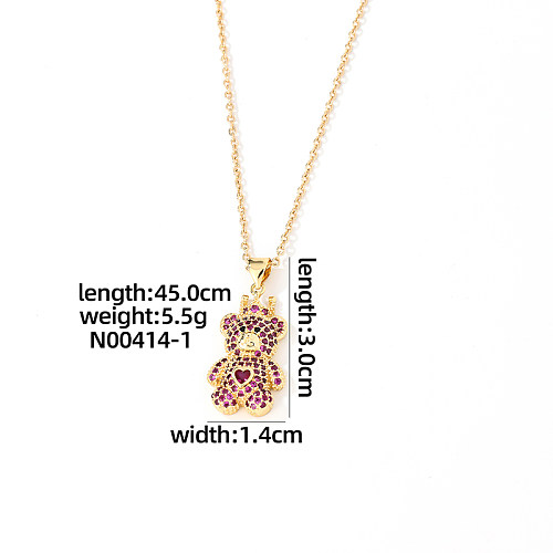Cartoon Style Sweet Shiny Little Bear Copper Zircon Pendant Necklace In Bulk