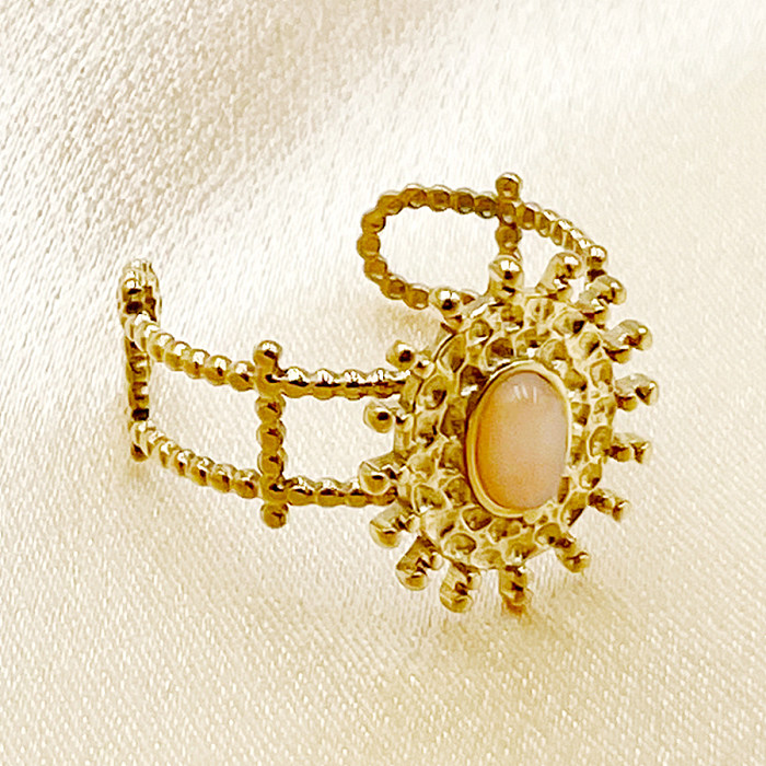 Estilo romano clássico sol chapeamento de aço inoxidável incrustação de pedra natural anéis abertos banhados a ouro