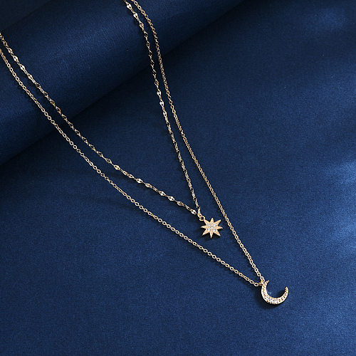 Senhora estilo coreano estrela lua cobre incrustação zircão branco banhado a ouro colares em camadas