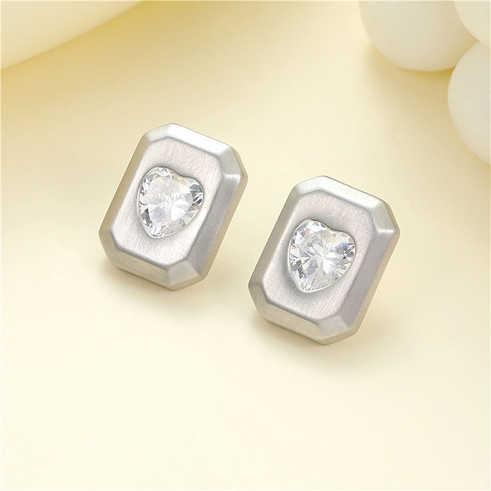 1 paire de clous d'oreilles plaqués or 14 carats, Style classique, géométrique, en forme de cœur, incrustation de cuivre et de Zircon