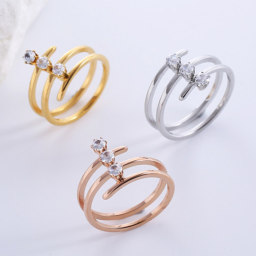 Casual Formal Lines Stainless Steel Inlay Zircon 18K Gold Plated Rings