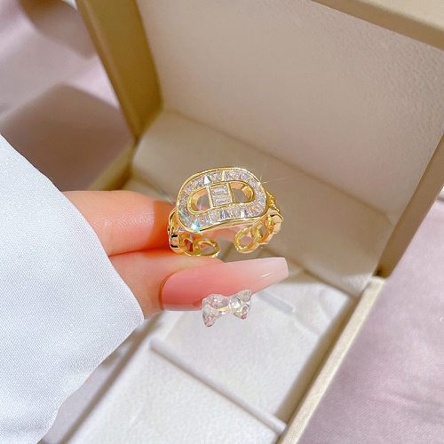 Exaggerated Letter Brass Plating Inlay Zircon Gold Plated Open Rings
