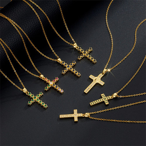 Collier pendentif rétro en cuivre et zircon avec incrustation de croix