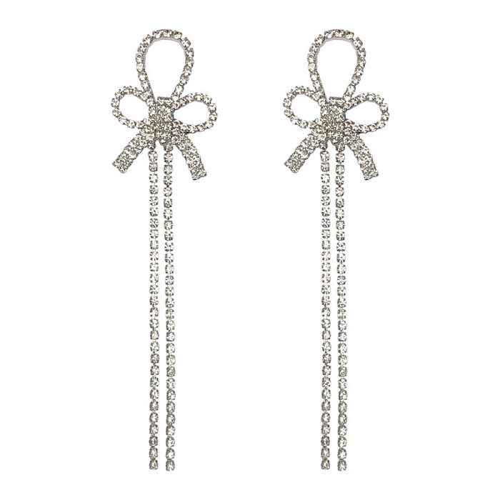 1 Pair Sweet Shiny Tassel Bow Knot Inlay Copper Zircon Drop Earrings