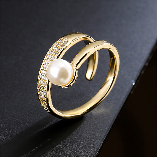 Fashion Copper Micro-set Zircon Plated 18K Gold Pearl Geometric Open Ring