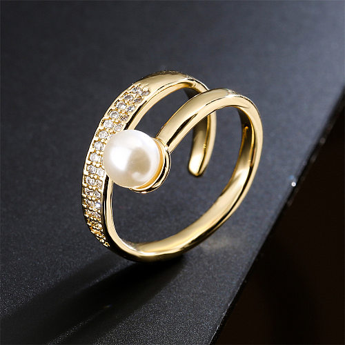 Bague ouverte géométrique en cuivre plaqué Zircon, micro-ensemble de perles en or 18 carats, à la mode