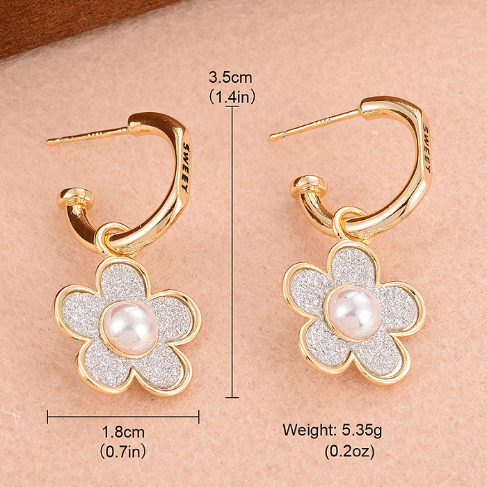 1 Pair IG Style Shiny Flower Plating Inlay Copper Pearl 14K Gold Plated Earrings