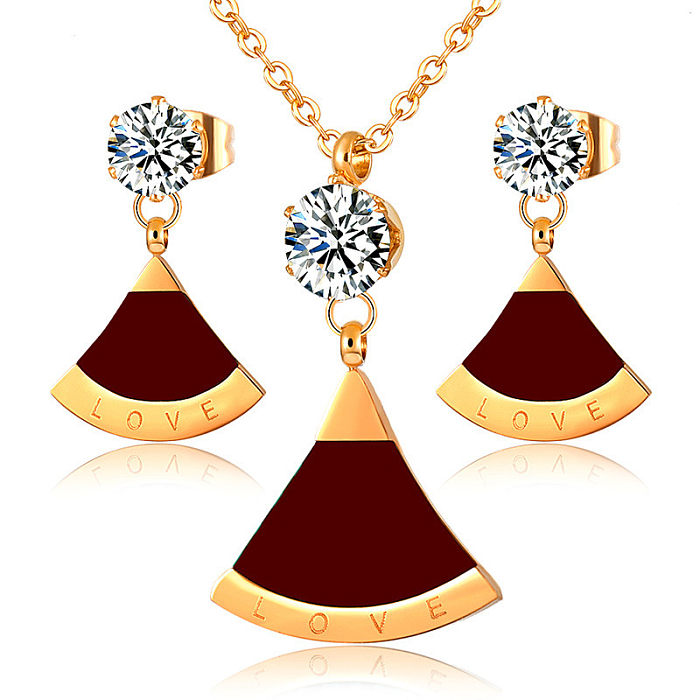 Retro French Style Letter Sector Stainless Steel Inlay Shell Zircon Earrings Necklace