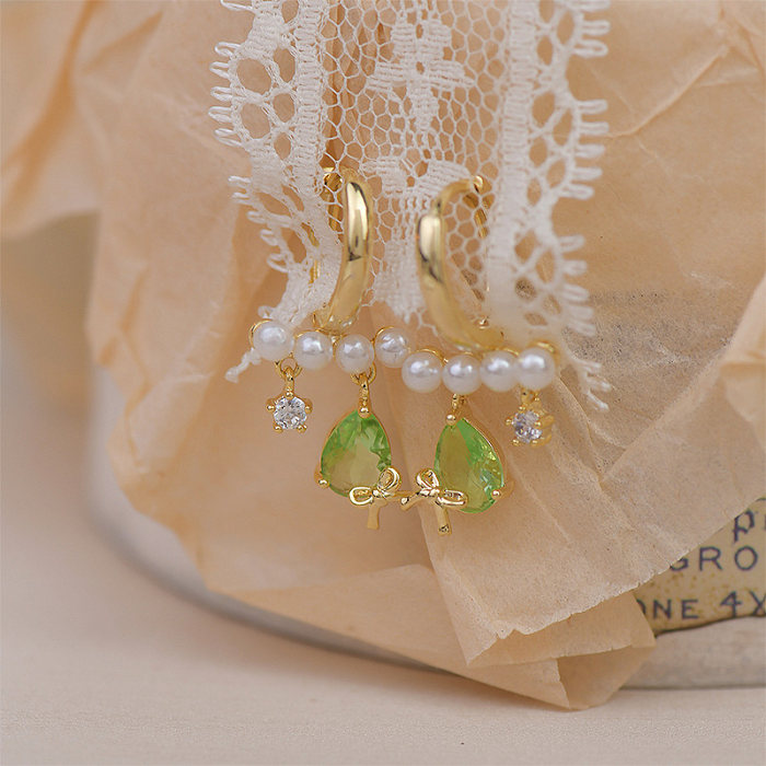 Boucles d'oreilles en forme de gouttelettes d'eau, Style Simple et élégant, incrustation de nœud papillon, perle de cuivre et Zircon plaqué or 1K, 14 paire