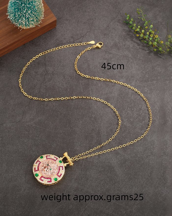 Vintage Style Luxurious Roman Style Lion Copper Plating Inlay Zircon 18K Gold Plated Pendant Necklace Necklace