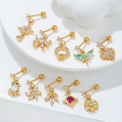 1 Piece Casual Simple Style Bear Heart Shape Flower Brass Plating Inlay Zircon 18K Gold Plated Drop Earrings