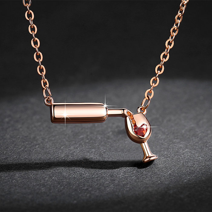 Collier pendentif en Zircon avec incrustation de cuivre, bouteille de vin en forme de cœur, Style classique élégant