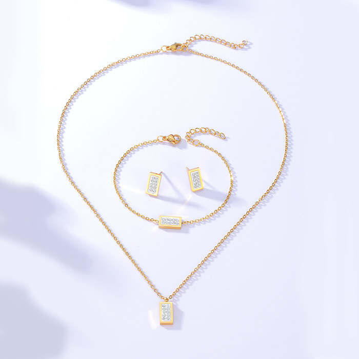 Modisches, einfaches, rechteckiges, eingelegtes Zirkon-Edelstahl-Ohrstecker-Armband-Halsketten-Set