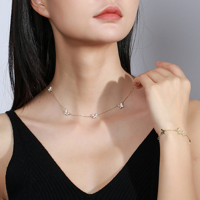 Simple Style Commute Butterfly Brass Plating Inlay Zircon Necklace