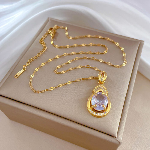 Fashion Water Droplets Stainless Steel Copper Plating Hollow Out Inlay Zircon Pendant Necklace 1 Piece