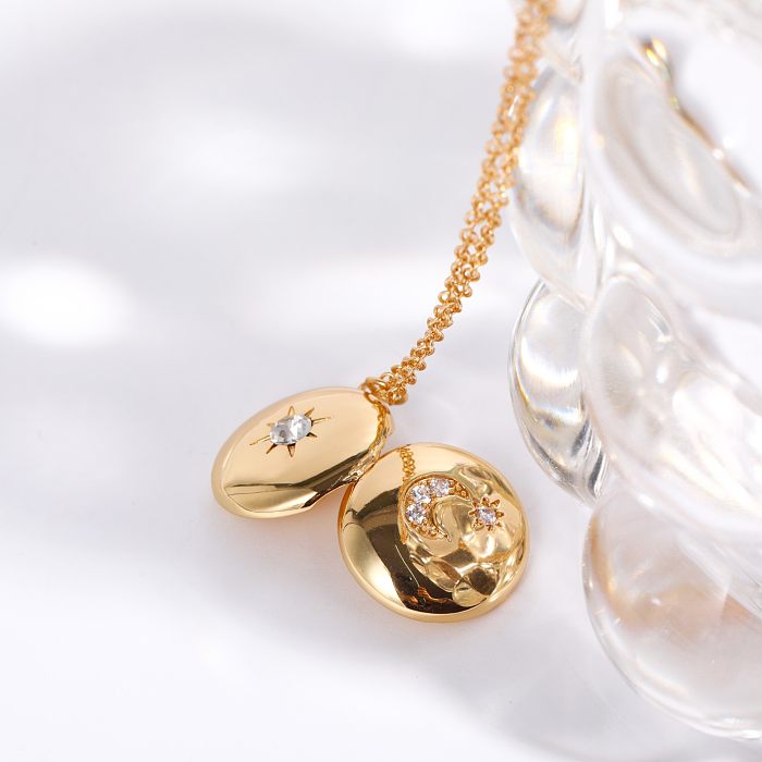 Simple Style Commute Star Moon Oval Copper Plating Inlay Zircon 18K Gold Plated Pendant Necklace
