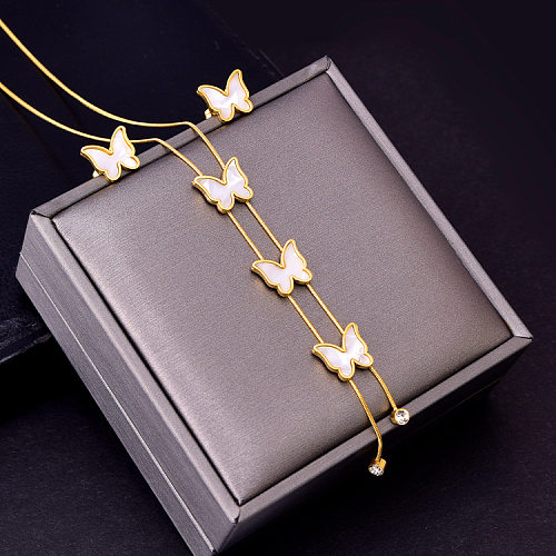 Lady Heart Shape Flower Butterfly Titanium Steel Plating Inlay Shell Zircon Jewelry Set