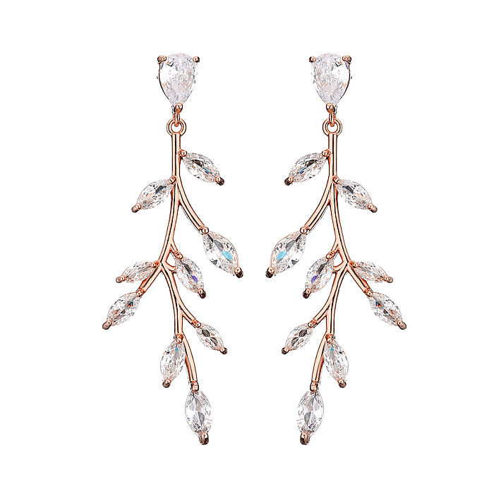 1 Pair Lady Leaf Plating Inlay Copper Zircon Gold Plated Drop Earrings