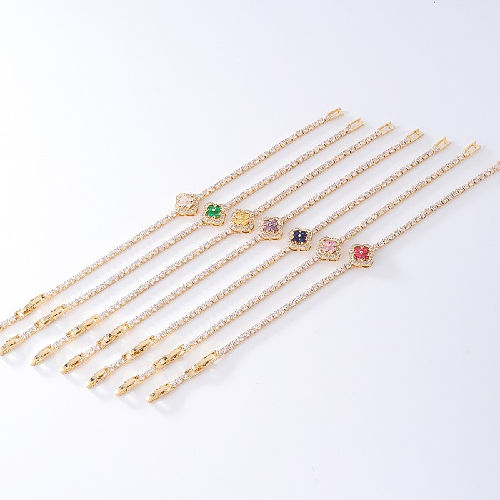Süße, schlichte, vierblättrige Kleeblatt-Verkupferungs-Inlay-Zirkon-Weißgold-plattierte vergoldete Armbänder