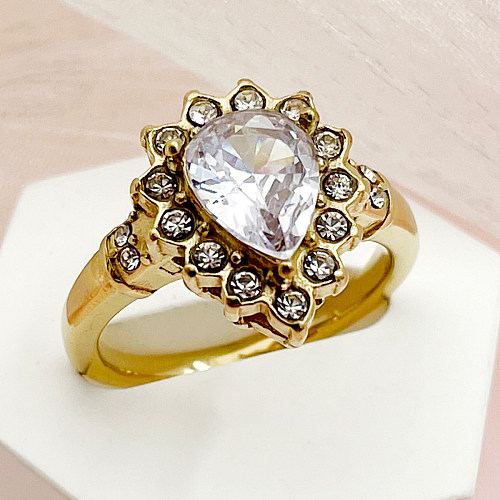 Glam Commute Water Droplets Stainless Steel Plating Inlay Rhinestones Zircon Gold Plated Rings