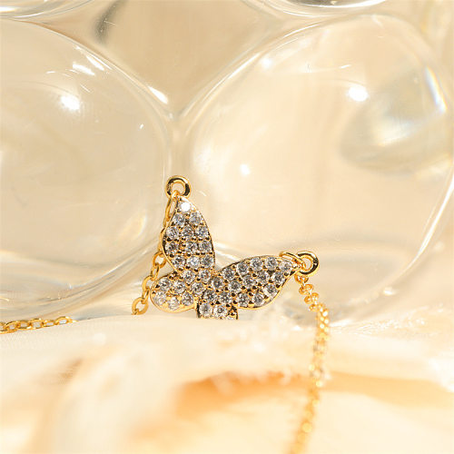 Casual Sweet Simple Style Butterfly Copper Plating Inlay Zircon 18K Gold Plated Pendant Necklace