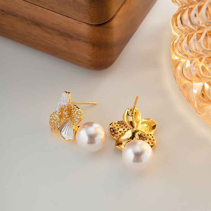 1 Paar Ohrstecker im INS-Stil, Blume, Kupfer, Perle, Kupfer, 18 Karat vergoldet