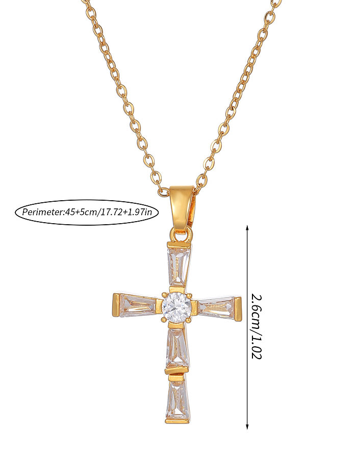 Elegant Streetwear Cross Stainless Steel Copper Plating Inlay Zircon 18K Gold Plated Pendant Necklace