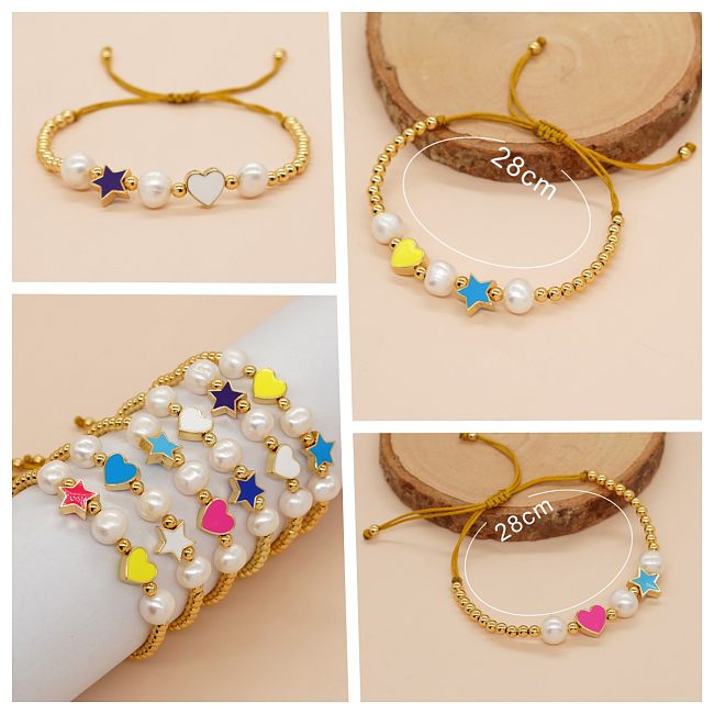 Pulseras trenzadas de esmalte con cuentas de cobre en forma de corazón de pentagrama de viaje de estilo simple