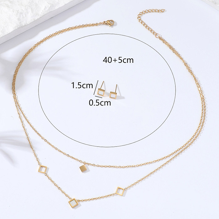 Fashion Stainless Steel 18K Gold Plated Shell Square Double Layer Necklace Earring Set