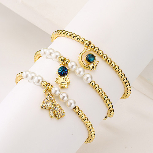 Bracelets de cuivre d'ours d'astronaute de mode Bracelets de cuivre de Zircon de perle plaqués par or