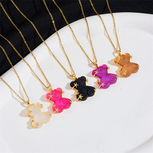 Cute Animal Bear Titanium Steel Copper Zircon Pendant Necklace In Bulk