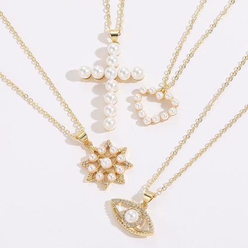 1 Piece Fashion Cross Devil'S Eye Heart Shape Copper Plating Inlay Artificial Pearls Zircon Pendant Necklace