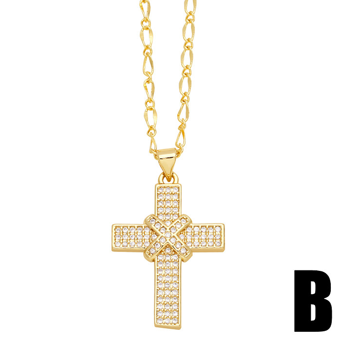 IG Style Retro Cross Copper Plating Inlay Zircon 18K Gold Plated Pendant Necklace
