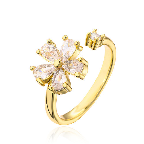 Fashion Flower Copper Gold Plated Zircon Open Ring 1 Piece