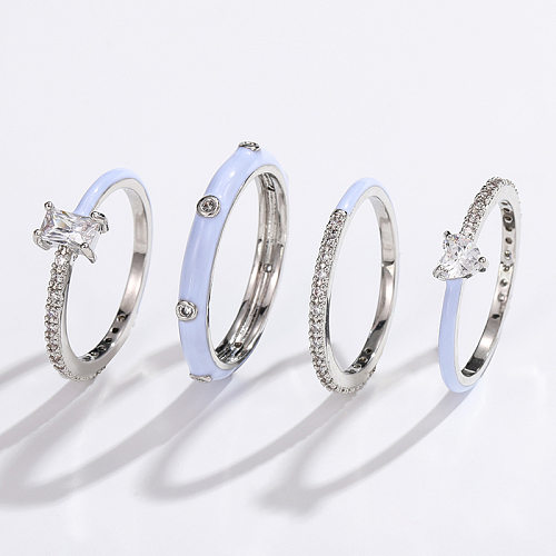 Anéis de cobre geométricos de estilo simples esmaltados anéis de cobre de zircão conjunto de 4 peças