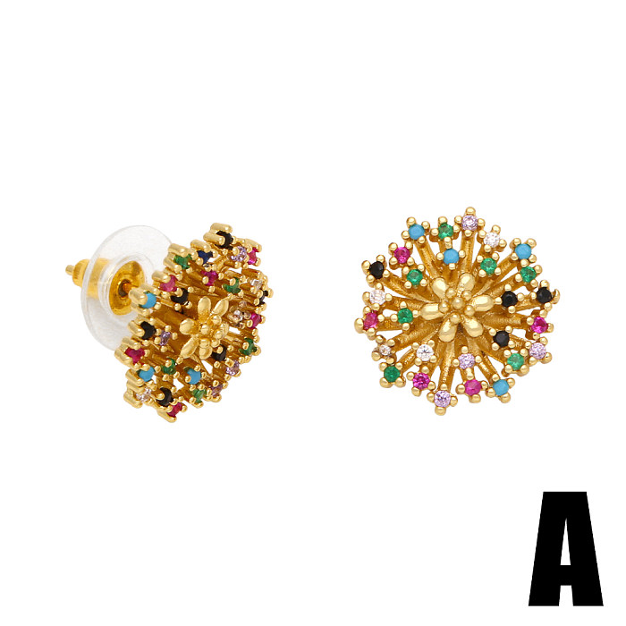 1 Pair Luxurious Flower Inlay Copper Color Zircon Ear Studs