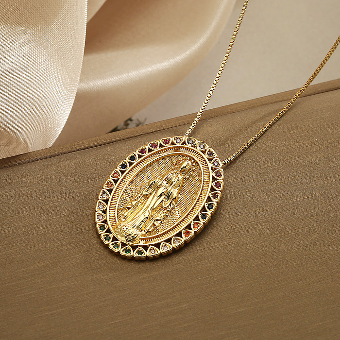 Retro Classic Style Oval Copper Plating Inlay Zircon 18K Gold Plated Pendant Necklace