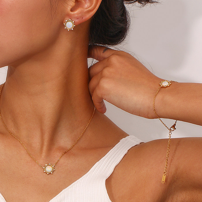 Estilo vintage estilo simples estilo clássico redondo aço inoxidável 18k banhado a ouro pulseiras femininas brincos colar