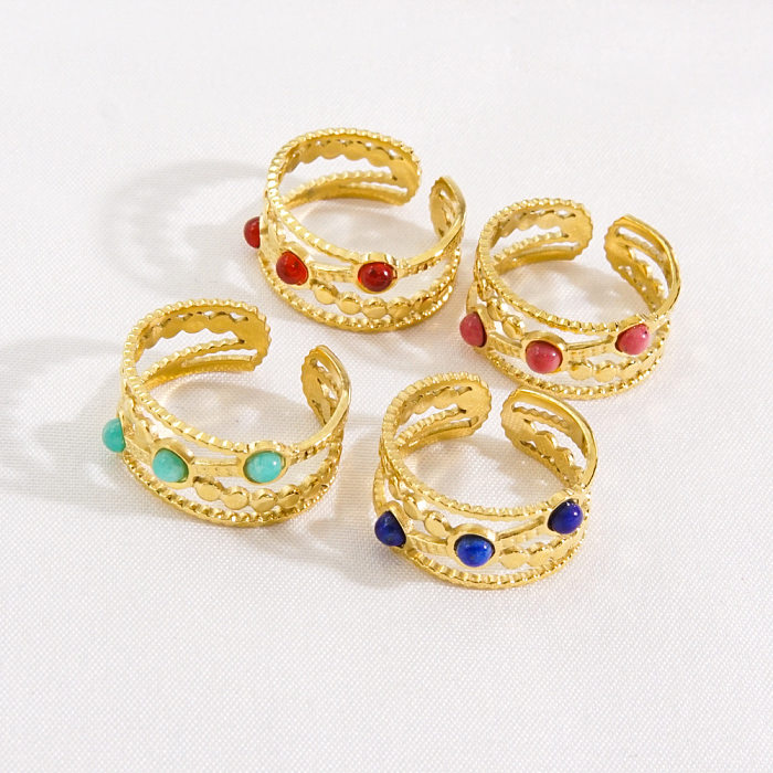 Basic C Shape Stainless Steel Plating Inlay Natural Stone 14K Gold Plated Open Rings