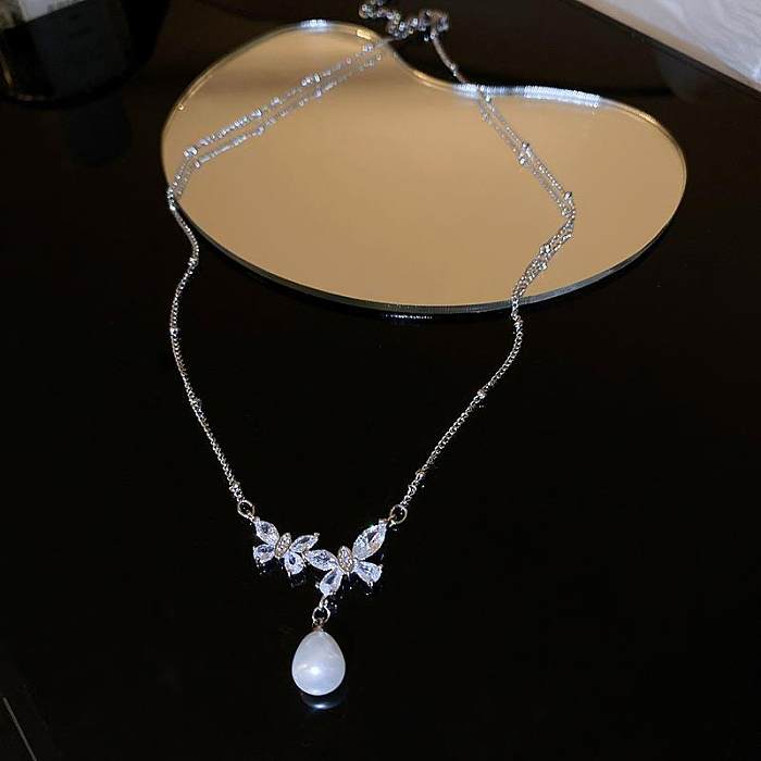 Sweet Simple Style Water Droplets Heart Shape Fish Tail Copper Inlay Zircon Pendant Necklace