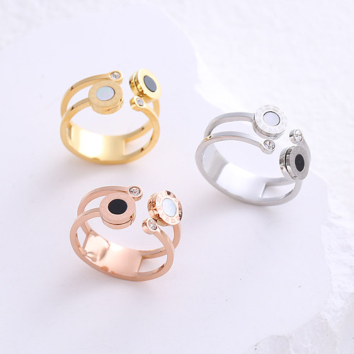 Casual Simple Style Round Number Stainless Steel Plating Inlay Shell Zircon 24K Gold Plated Open Ring