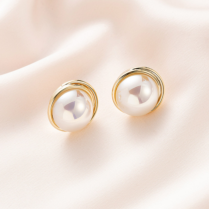 1 Pair Simple Style Round Plating Inlay Copper Artificial Pearls 18K Gold Plated Ear Studs