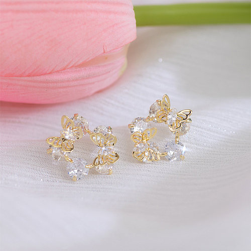 1 Pair Commute Shiny Butterfly Plating Inlay Copper Zircon 14K Gold Plated Ear Studs