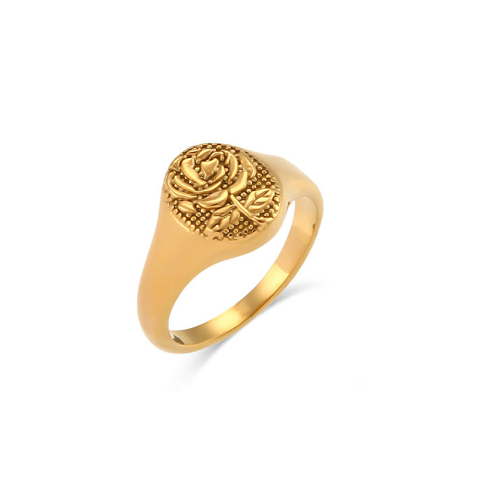 Fashion Retro Carved Flower Butterfly 18K Gold Oval Stainless Steel Ring